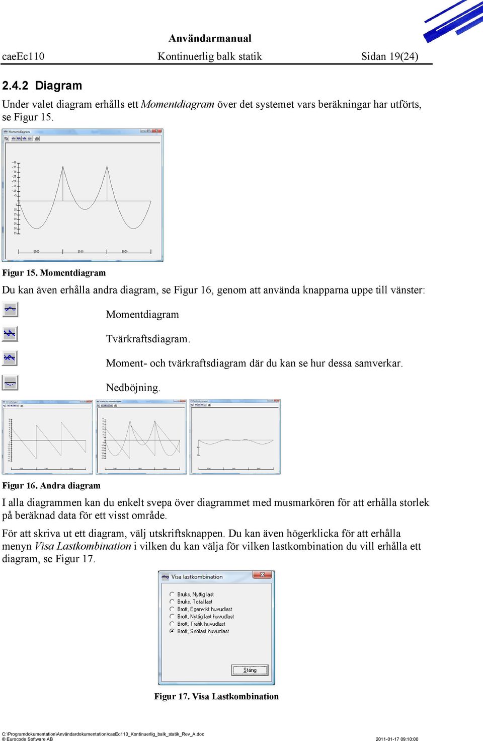 Moment- och tvärkraftsdiagram där du kan se hur dessa samverkar. Nedböjning. Figur 16.