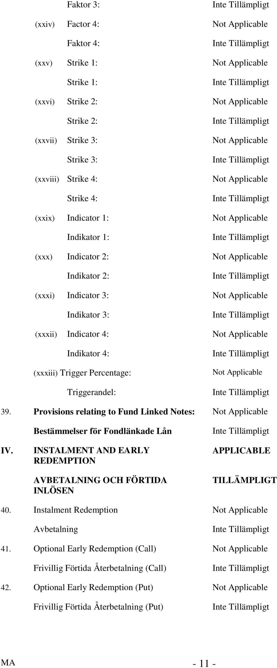 Provisions relating to Fund Linked Notes: IV. Bestämmelser för Fondlänkade Lån INSTALMENT AND EARLY REDEMPTION AVBETALNING OCH FÖRTIDA INLÖSEN APPLICABLE TILLÄMPLIGT 40.