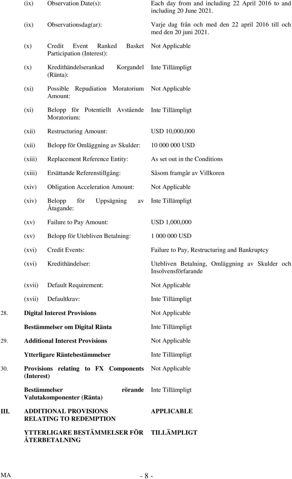 (xii) Restructuring Amount: USD 10,000,000 (xii) Belopp för Omläggning av Skulder: 10 000 000 USD (xiii) Replacement Reference Entity: As set out in the Conditions (xiii) Ersättande Referenstillgång: