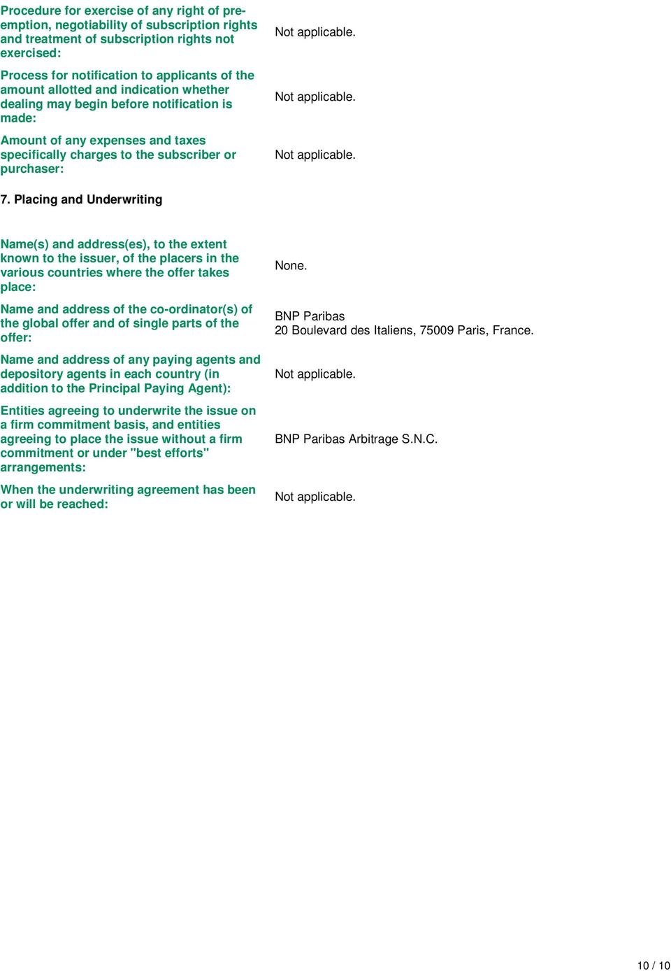 Placing and Underwriting Name(s) and address(es), to the extent known to the issuer, of the placers in the various countries where the offer takes place: Name and address of the co-ordinator(s) of