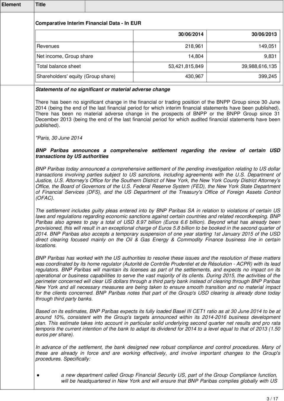 since 30 June 2014 (being the end of the last financial period for which interim financial statements have been published).