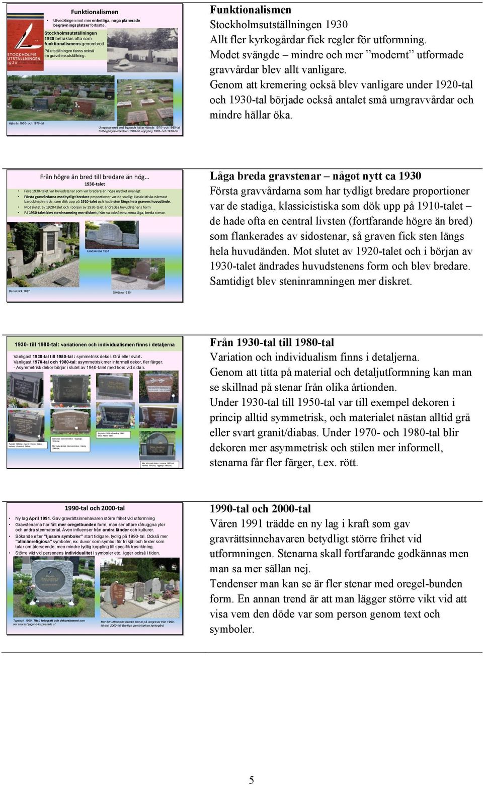 Urngravar med små liggande hällar Hjärsås 1970- och 1980-tal Eldbegängelserörelsen 1880-tal, uppgång 1920- och 1930-tal Funktionalismen Stockholmsutställningen 1930 Allt fler kyrkogårdar fick regler