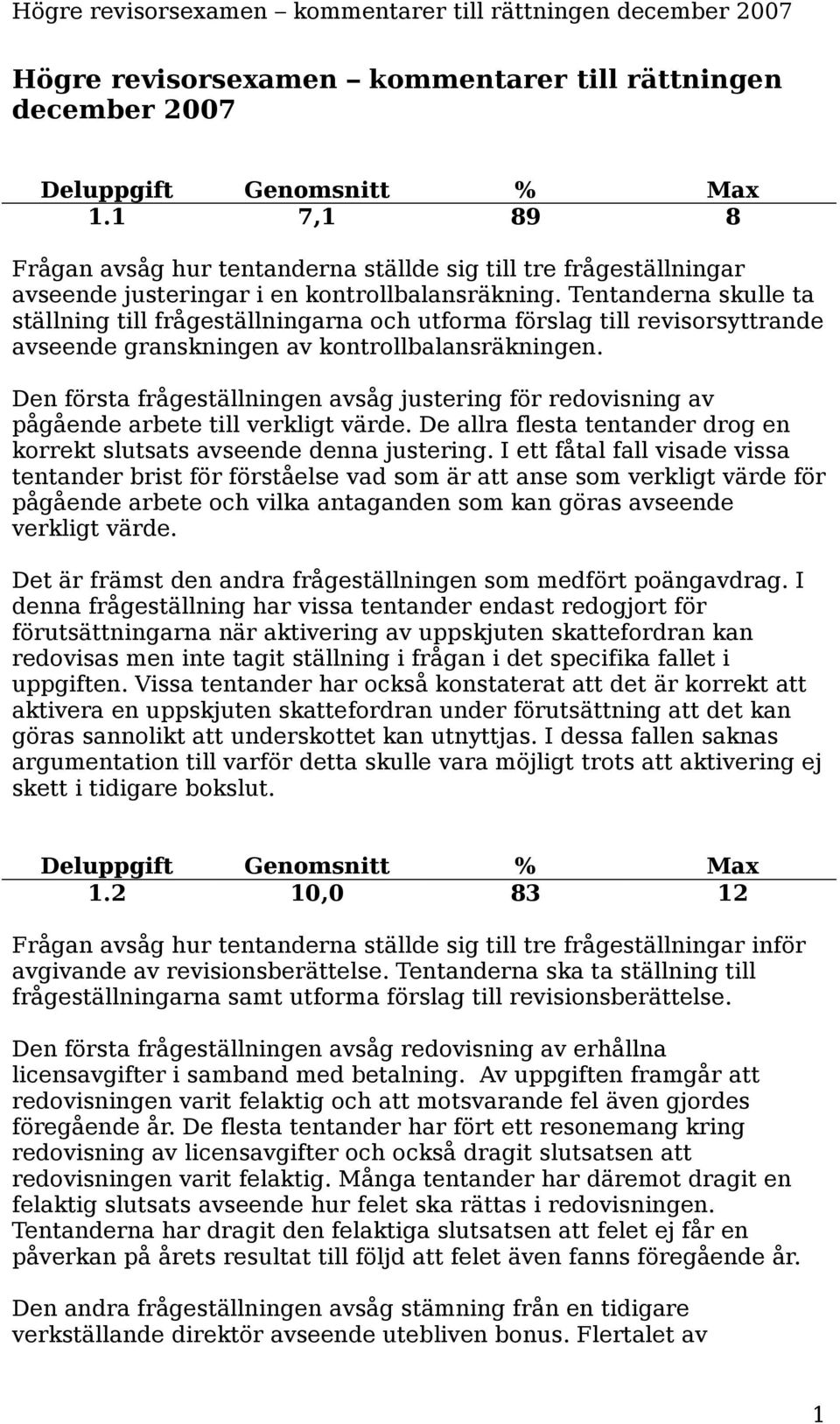 Den första frågeställningen avsåg justering för redovisning av pågående arbete till verkligt värde. De allra flesta tentander drog en korrekt slutsats avseende denna justering.