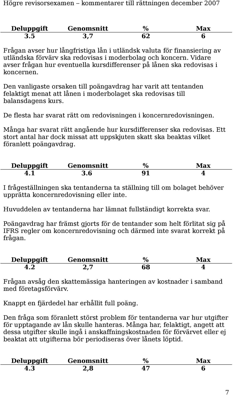 Den vanligaste orsaken till poängavdrag har varit att tentanden felaktigt menat att lånen i moderbolaget ska redovisas till balansdagens kurs.