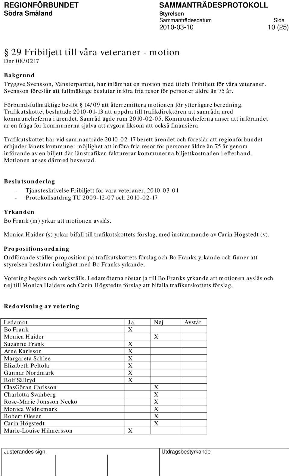 Trafikutskottet beslutade 2010-01-13 att uppdra till trafikdirektören att samråda med kommuncheferna i ärendet. Samråd ägde rum 2010-02-05.
