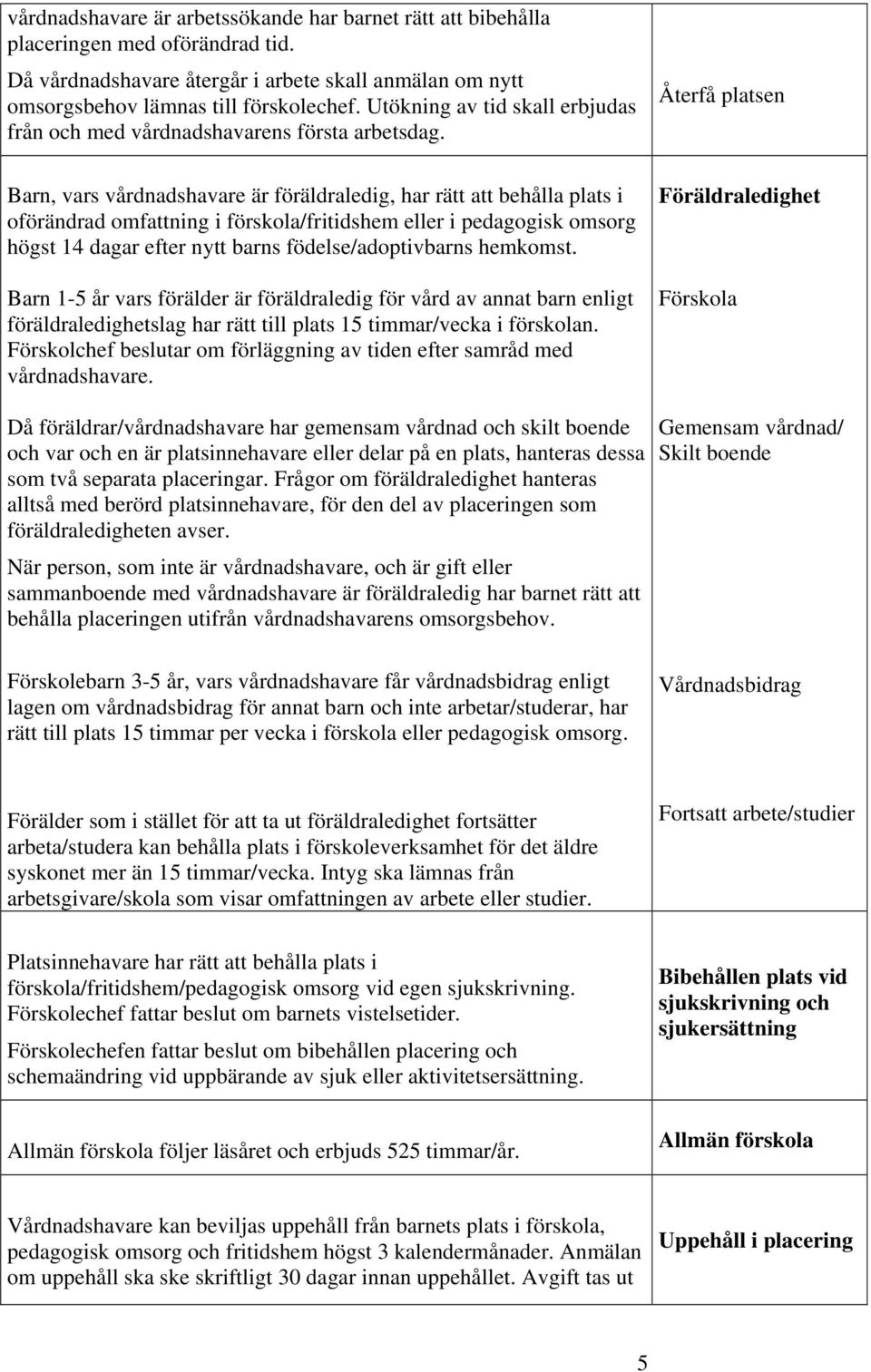 Barn, vars vårdnadshavare är föräldraledig, har rätt att behålla plats i oförändrad omfattning i förskola/fritidshem eller i pedagogisk omsorg högst 14 dagar efter nytt barns födelse/adoptivbarns