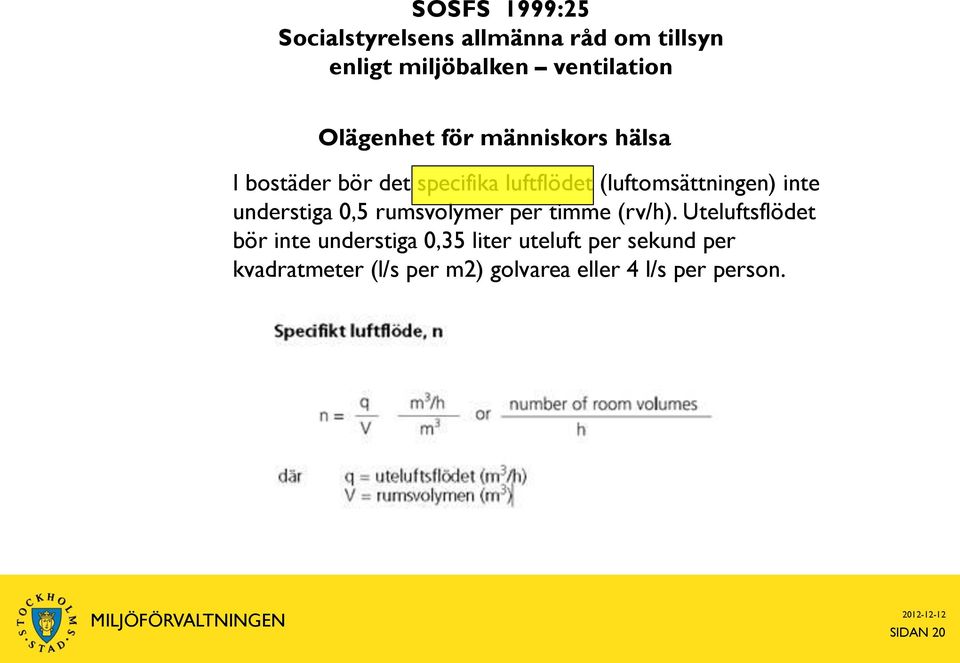 inte understiga 0,5 rumsvolymer per timme (rv/h).