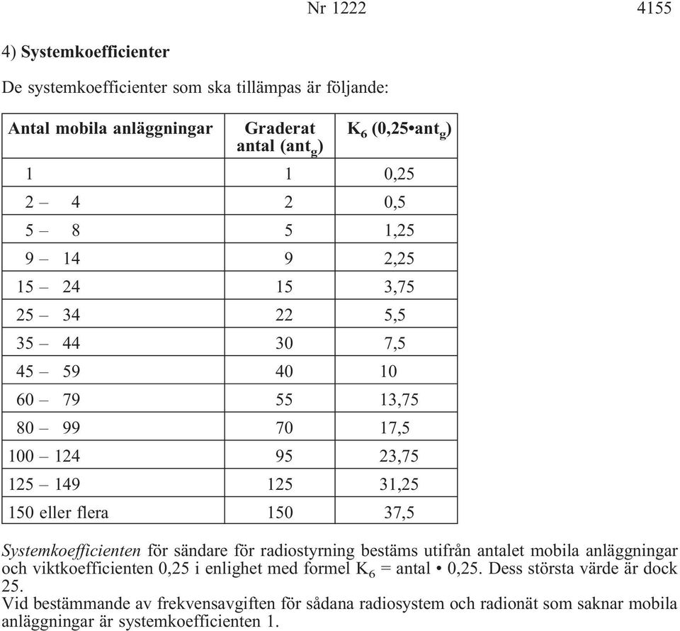 flera 150 37,5 Systemkoefficienten för sändare för radiostyrning bestäms utifrån antalet mobila anläggningar och viktkoefficienten 0,25 i enlighet med formel K 6 =