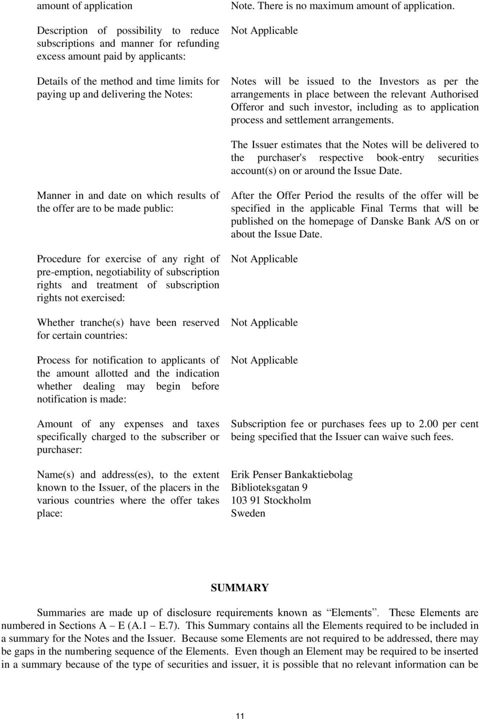 Not Applicable Notes will be issued to the Investors as per the arrangements in place between the relevant Authorised Offeror and such investor, including as to application process and settlement