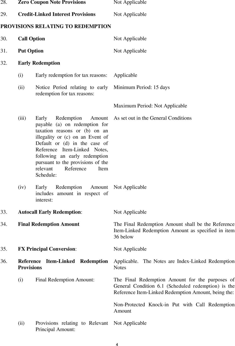 Redemption Amount payable (a) on redemption for taxation reasons or (b) on an illegality or (c) on an Event of Default or (d) in the case of Reference Item-Linked Notes, following an early redemption