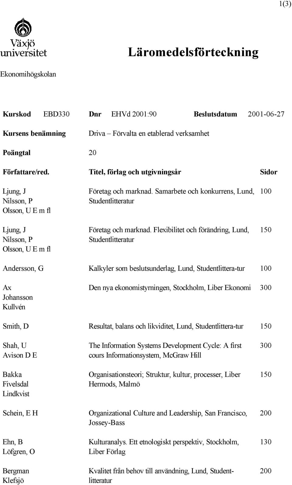 Flexibilitet och förändring, Lund, Andersson, G Kalkyler som beslutsunderlag, Lund, Studentlittera-tur Ax Johansson Kullvén Den nya ekonomistyrningen, Stockholm, Liber Ekonomi Smith, D Resultat,