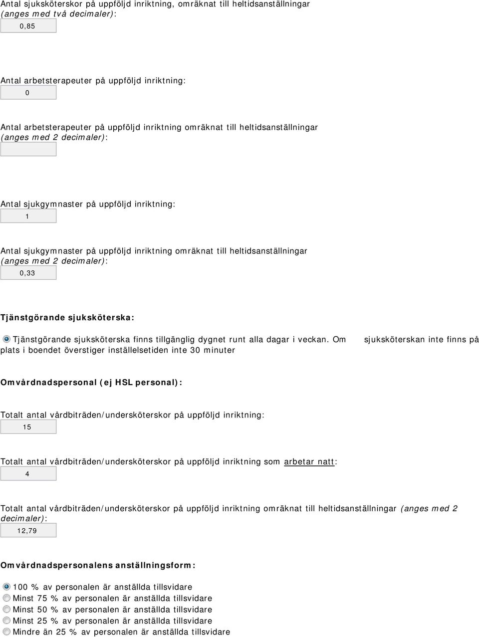 (anges med 2 decimaler): 0,33 Tjänstgörande sjuksköterska: Tjänstgörande sjuksköterska finns tillgänglig dygnet runt alla dagar i veckan.