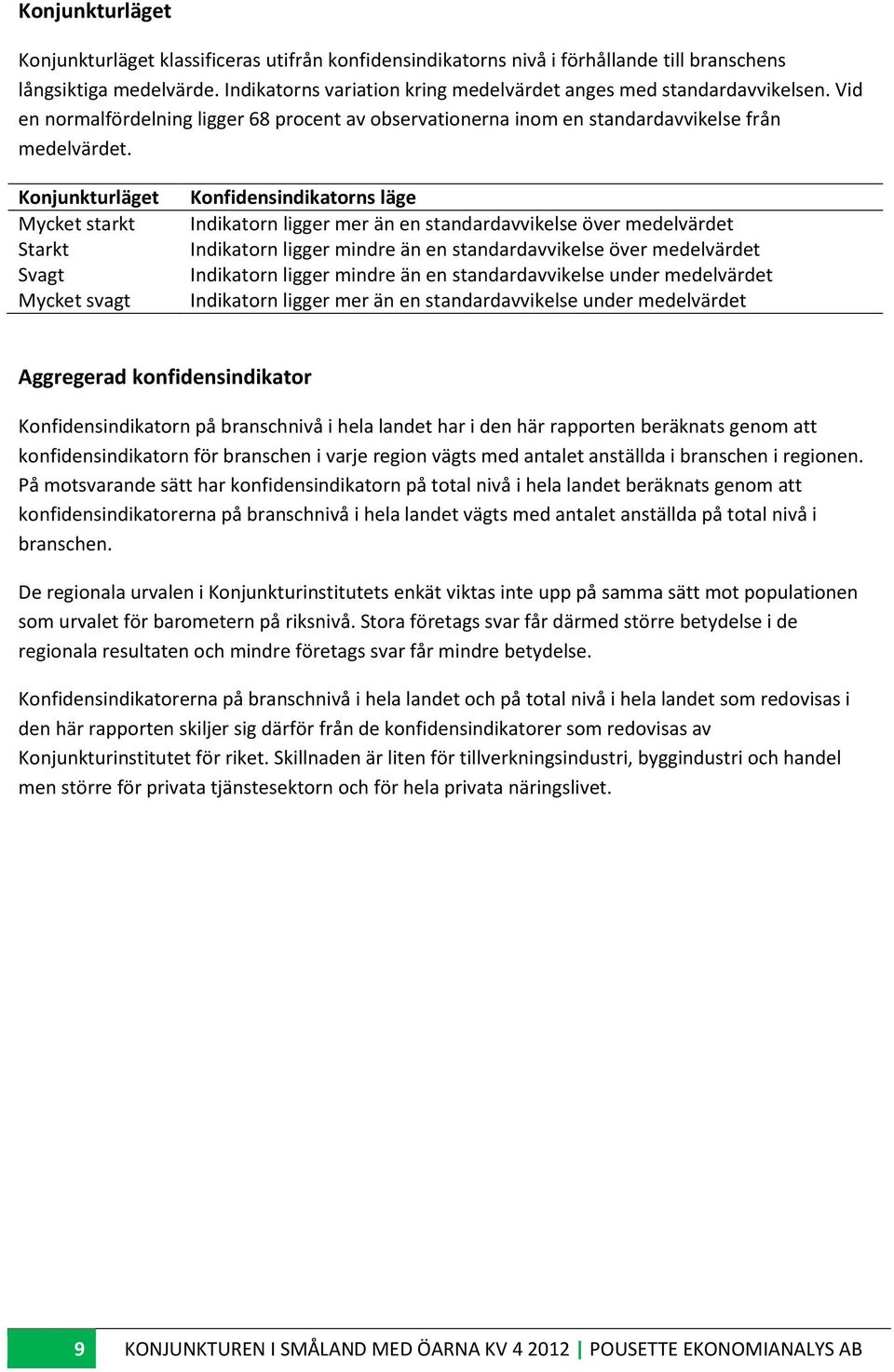 Konjunkturläget Konfidensindikatorns läge Indikatorn ligger mer än en standardavvikelse över medelvärdet Indikatorn ligger mindre än en standardavvikelse över medelvärdet Indikatorn ligger mindre än