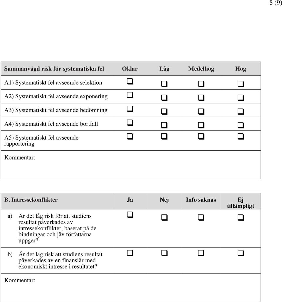 Intressekonflikter Ja Nej Info saknas Ej a) Är det låg risk för att studiens resultat påverkades av intressekonflikter, baserat på de