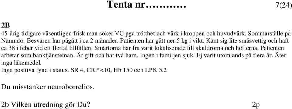 Smärtorna har fra varit lokaliserade till skuldrorna och höfterna. Patienten arbetar som banktjänsteman. Är gift och har två barn. Ingen i familjen sjuk.