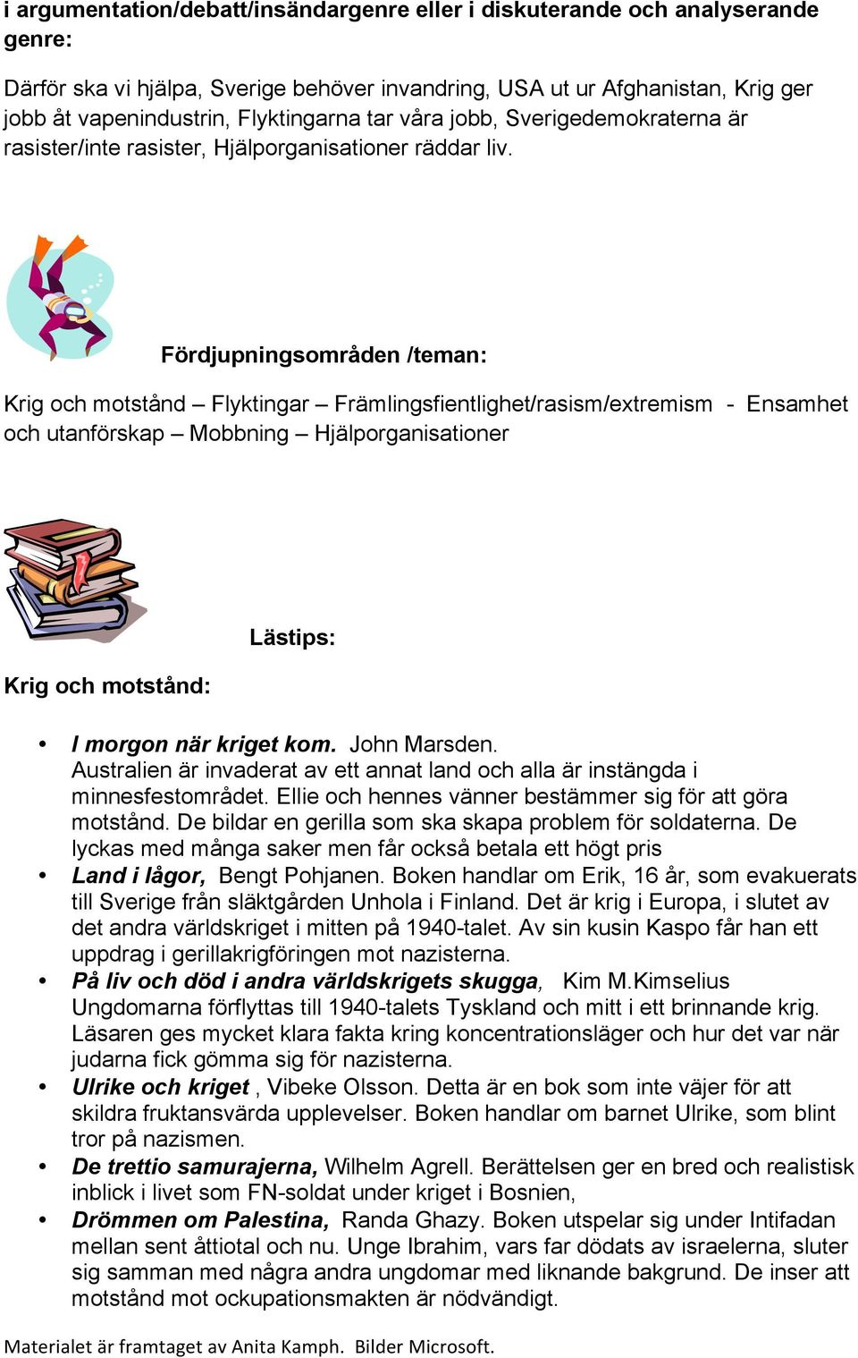 Fördjupningsområden /teman: Krig och motstånd Flyktingar Främlingsfientlighet/rasism/extremism - Ensamhet och utanförskap Mobbning Hjälporganisationer Krig och motstånd: Lästips: I morgon när kriget