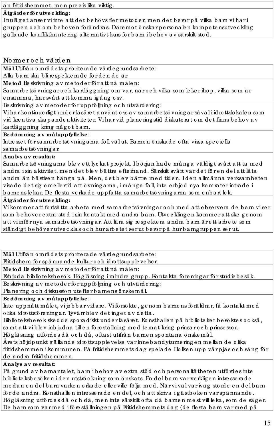 Normer och värden Mål Utifrån områdets prioriterade värdegrundsarbete: Alla barn ska bli respekterade för den de är Metod Beskrivning av metoder för att nå målen: Samarbetsövningar och kartläggning