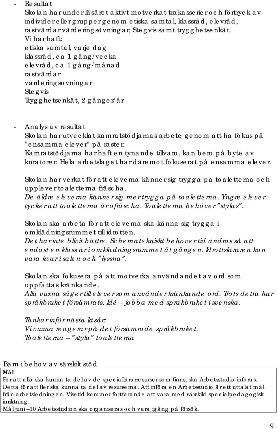 Vi har haft: etiska samtal, varje dag klassråd, ca 1 gång/vecka elevråd, ca 1 gång/månad rastvärdar värderingsövningar Stegvis Trygghetsenkät, 2 gånger/år - Analys av resultat Skolan har utvecklat