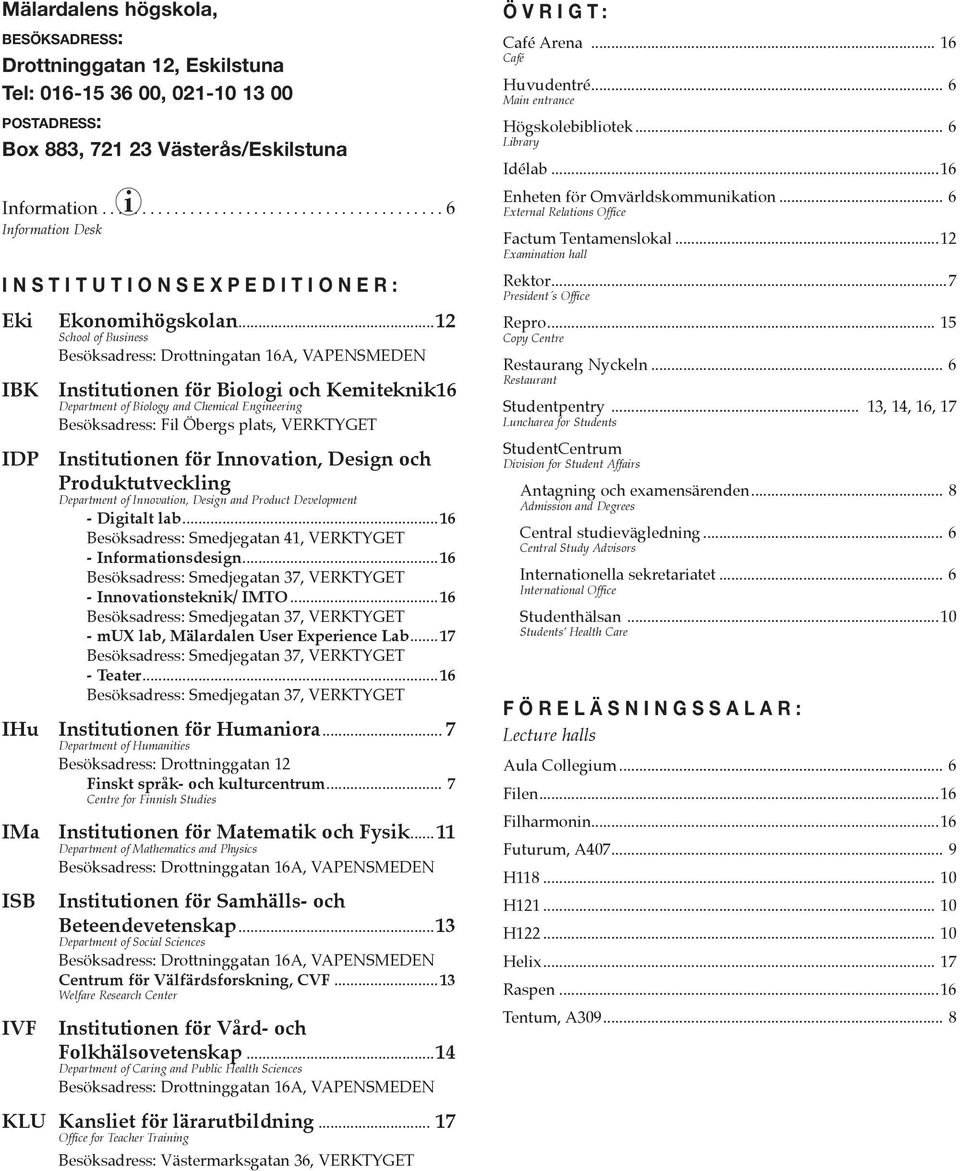 ..12 School of Business Besöksadress: Drottningatan 16A, VAPENSMEDEN IBK Institutionen för Biologi och Kemiteknik 16 Department of Biology and Chemical Engineering Besöksadress: Fil Öbergs plats,