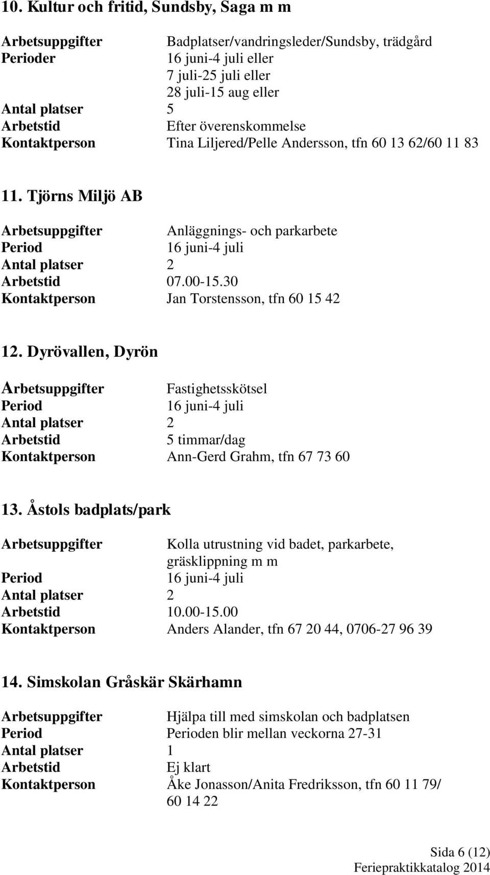 Dyrövallen, Dyrön Fastighetsskötsel 5 timmar/dag Kontaktperson Ann-Gerd Grahm, tfn 67 73 60 13. Åstols badplats/park Kolla utrustning vid badet, parkarbete, gräsklippning m m 10.00-15.