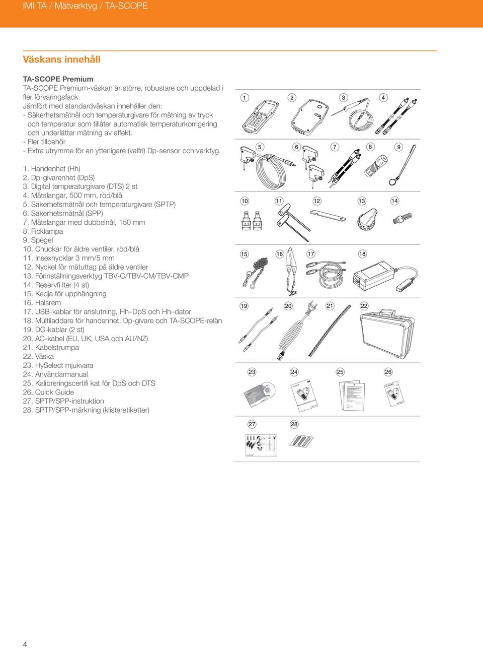 - Fler tillbehör - Extra utrymme för en ytterligare (valfri) Dp-sensor och verktyg. 1. Handenhet (Hh) 2. Dp-givarenhet (DpS) 3. Digital temperaturgivare (DTS) 2 st 4. Mätslangar, 500 mm, röd/blå 5.