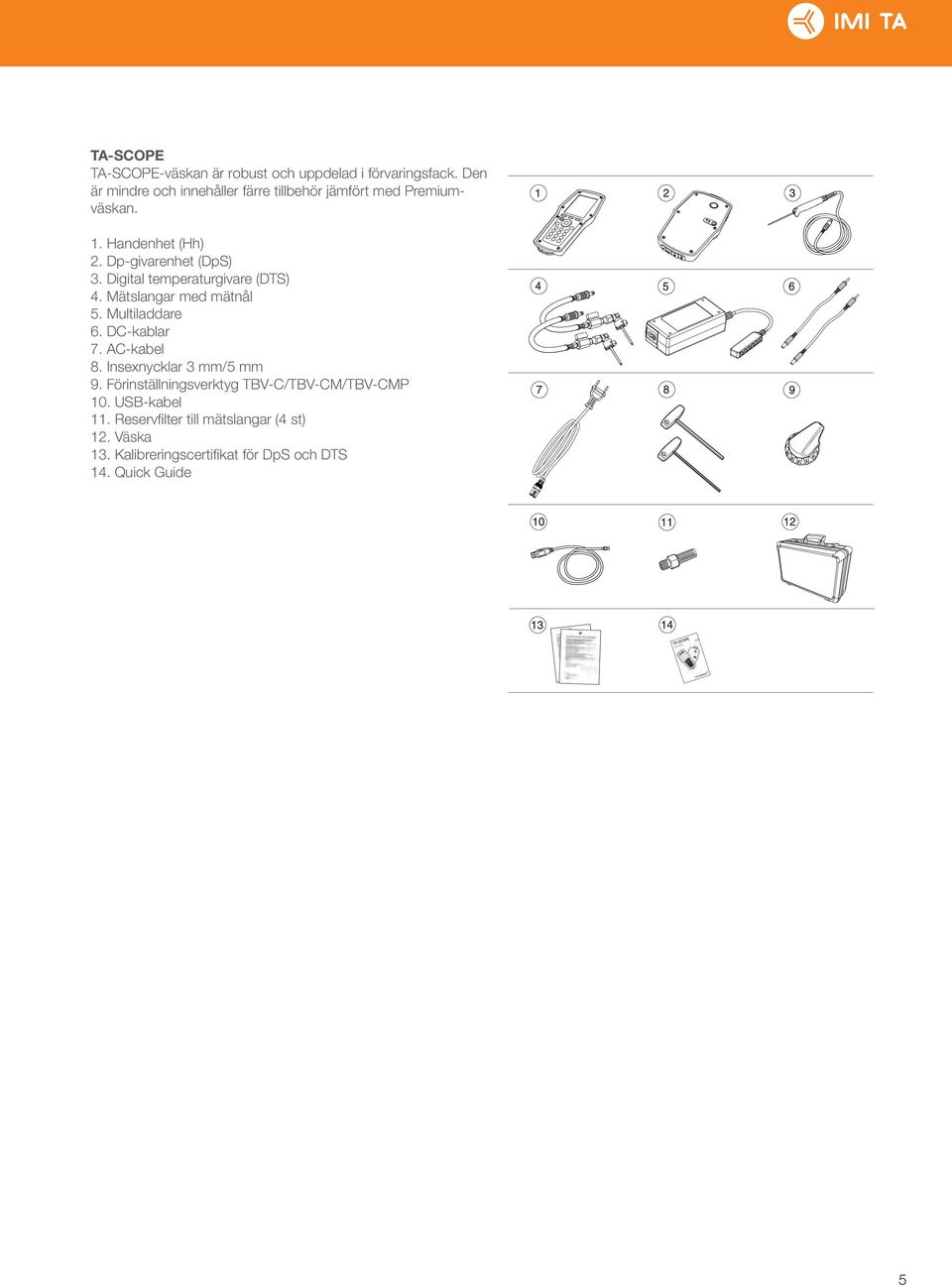 Digital temperaturgivare (DTS) 4. Mätslangar med mätnål 5. Multiladdare 6. DC-kablar 7. AC-kabel 8.