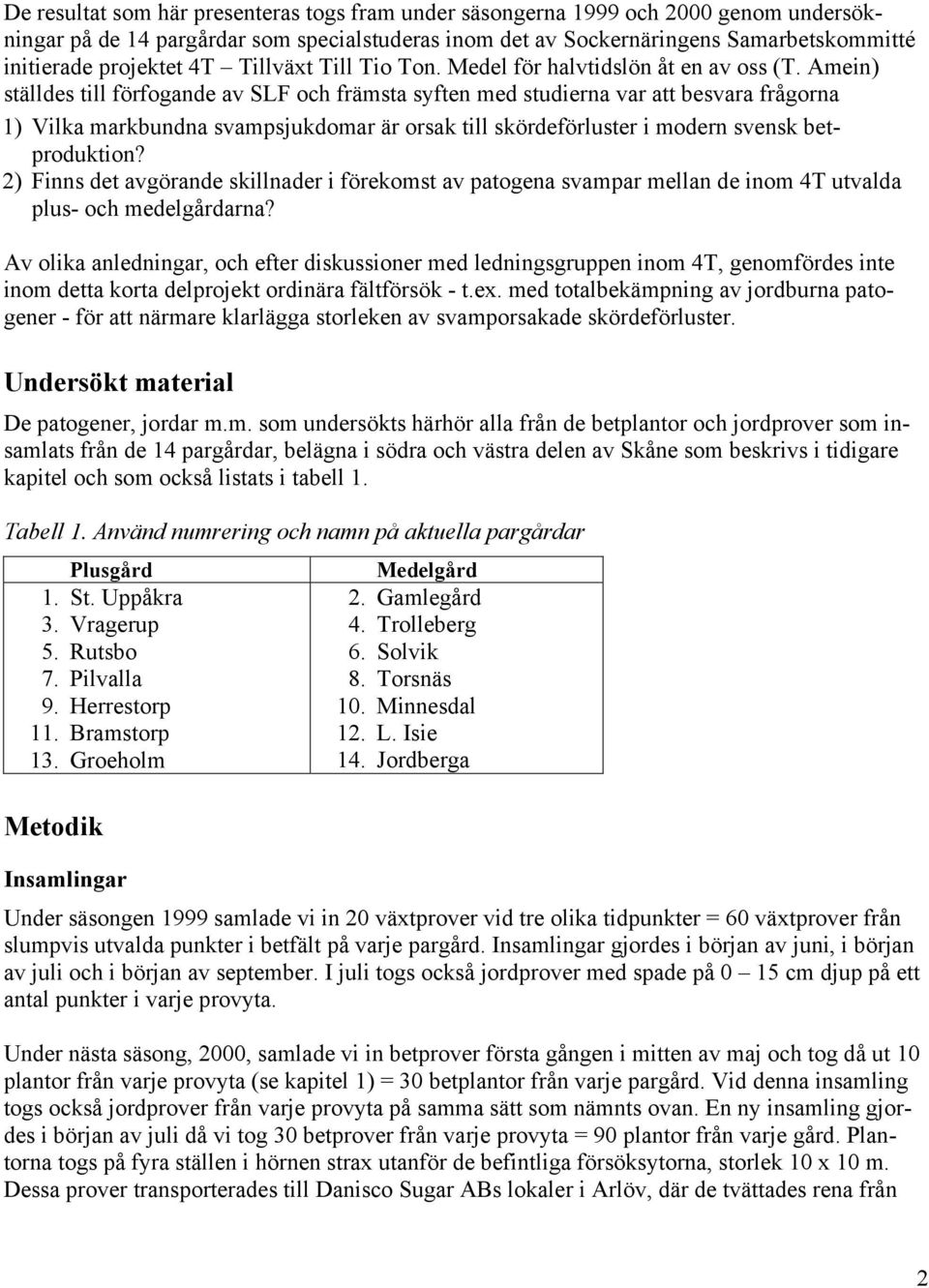 Amein) ställdes till förfogande av SLF och främsta syften med studierna var att besvara frågorna 1) Vilka markbundna svampsjukdomar är orsak till skördeförluster i modern svensk betproduktion?