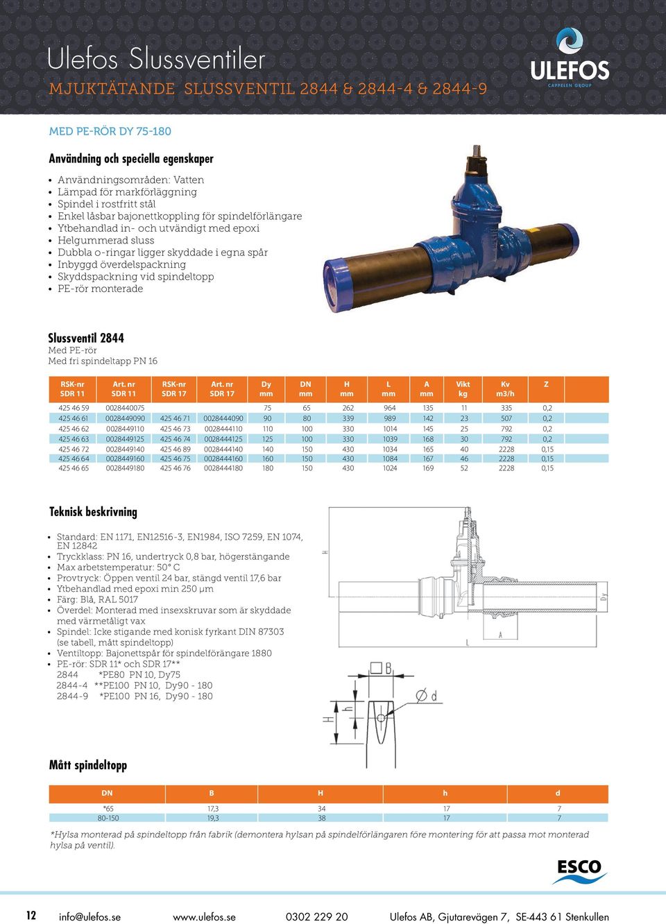 PE-rör monterade Slussventil 2844 Med PE-rör Med fri spindeltapp PN 16 RSK-nr SDR 11 Art. nr SDR 11 RSK-nr SDR 17 Art.