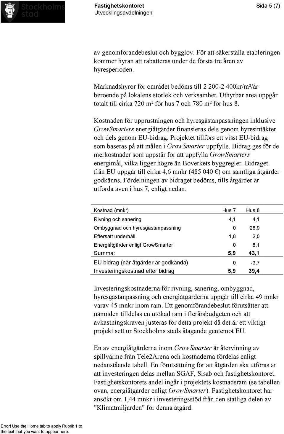 Kostnaden för upprustningen och hyresgästanpassningen inklusive GrowSmarters energiåtgärder finansieras dels genom hyresintäkter och dels genom EU-bidrag.