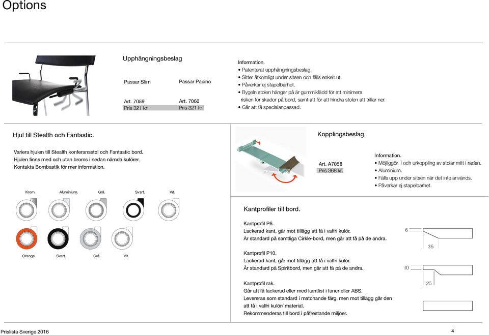 Hjul till Stealth och Fantastic. Kopplingsbeslag Variera hjulen till Stealth konferansstol och Fantastic bord. Hjulen finns med och utan broms i nedan nämda kulörer.
