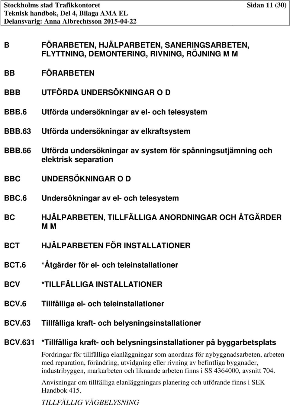 63 FÖRARBETEN, HJÄLPARBETEN, SANERINGSARBETEN, FLYTTNING, DEMONTERING, RIVNING, RÖJNING M M FÖRARBETEN UTFÖRDA UNDERSÖKNINGAR O D Utförda undersökningar av el- och telesystem Utförda undersökningar