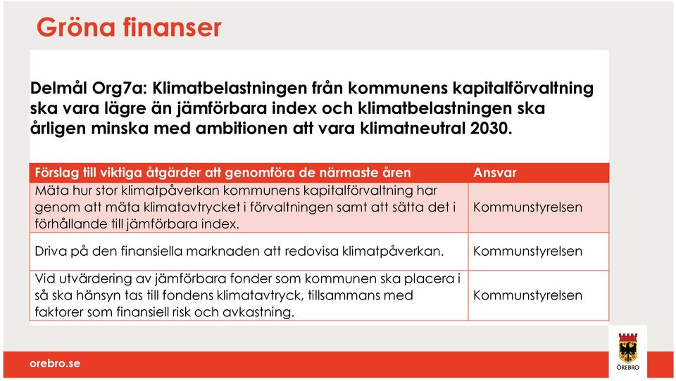 Förslag till viktiga åtgärder att genomföra de närmaste åren Mäta hur stor klimatpåverkan kommunens kapitalförvaltning har genom att mäta klimatavtrycket i förvaltningen samt att