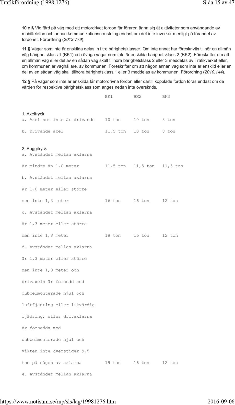 Om inte annat har föreskrivits tillhör en allmän väg bärighetsklass 1 (BK1) och övriga vägar som inte är enskilda bärighetsklass 2 (BK2).