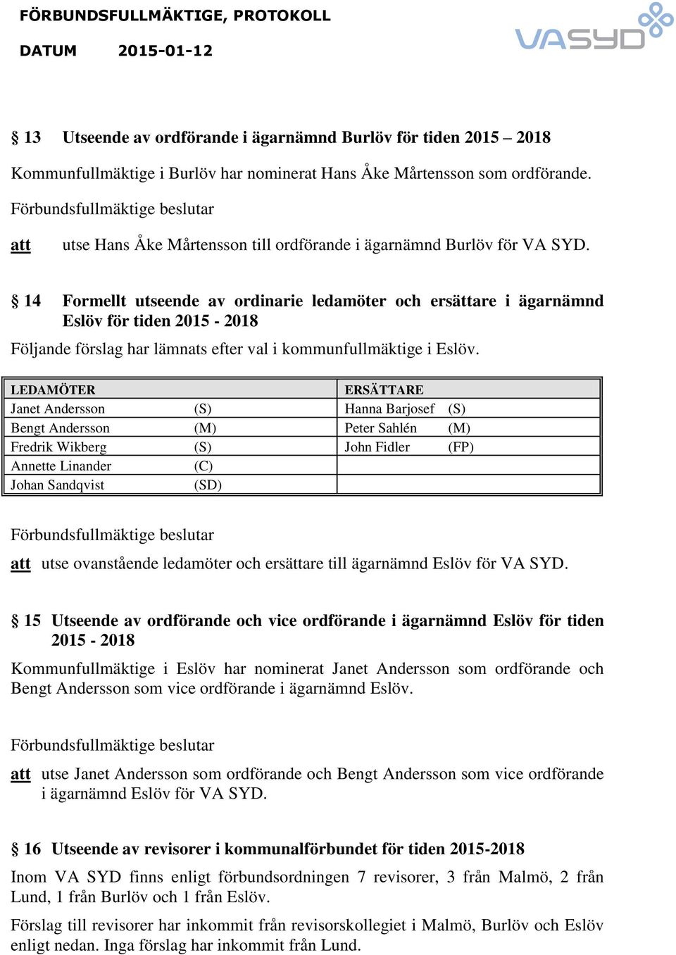 Janet Andersson (S) Hanna Barjosef (S) Bengt Andersson (M) Peter Sahlén (M) Fredrik Wikberg (S) John Fidler (FP) Annette Linander (C) Johan Sandqvist (SD) utse ovanstående ledamöter och ersättare