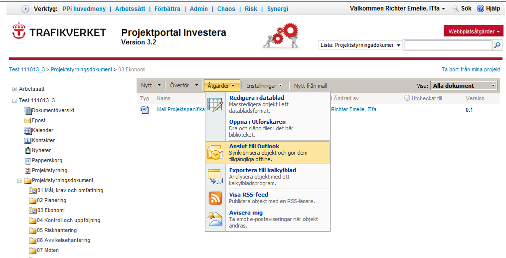 Sökväg till aktuell plats Överst i läsfönstret finns alltid sökvägen till den plats i projektportalen du befinner dig i.