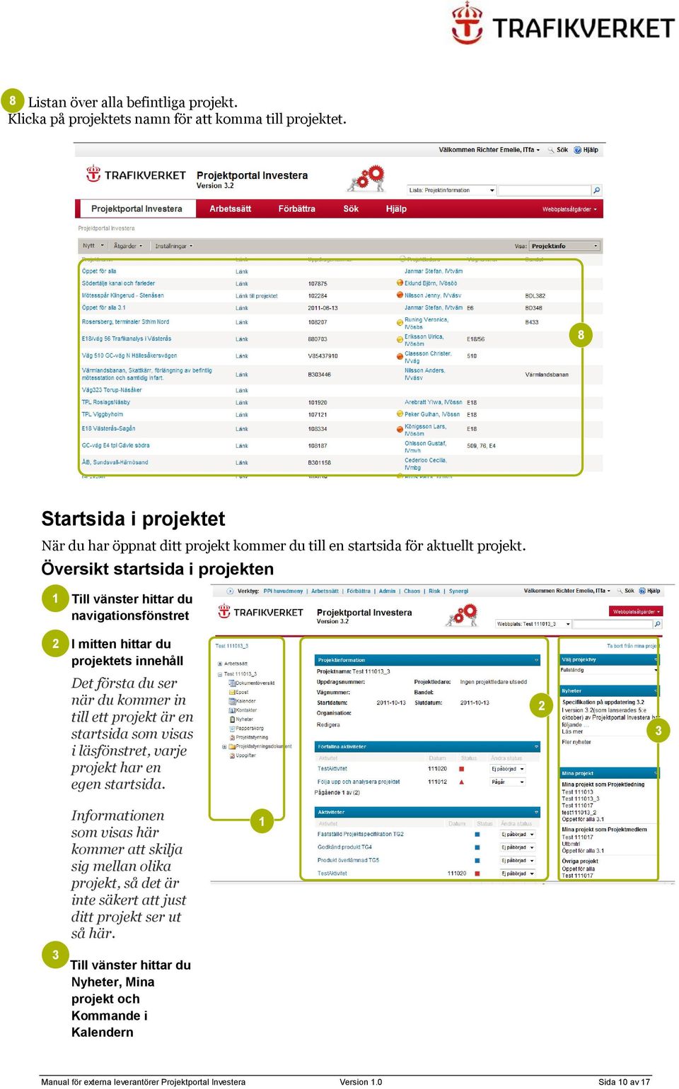 Översikt startsida i projekten Till vänster hittar du navigationsfönstret I mitten hittar du projektets innehåll Det första du ser när du kommer in till ett projekt är en startsida