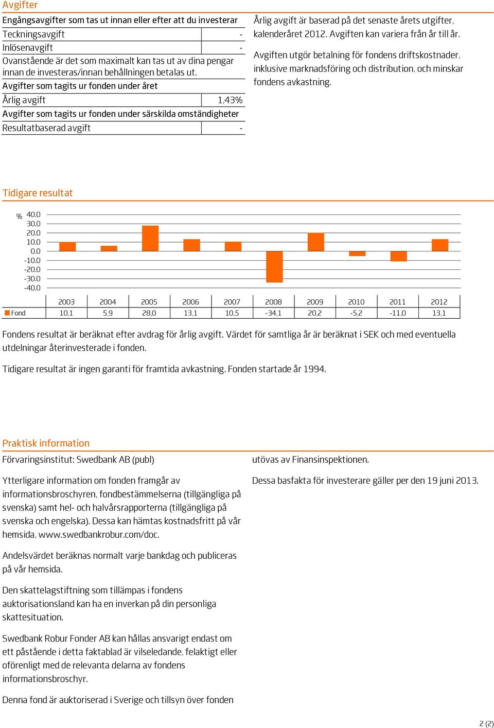 Avgifter som tagits ur fonden under året Årlig avgift 1,43% Avgifter som tagits ur fonden under särskilda omständigheter Resultatbaserad avgift - Årlig avgift är baserad på det senaste årets