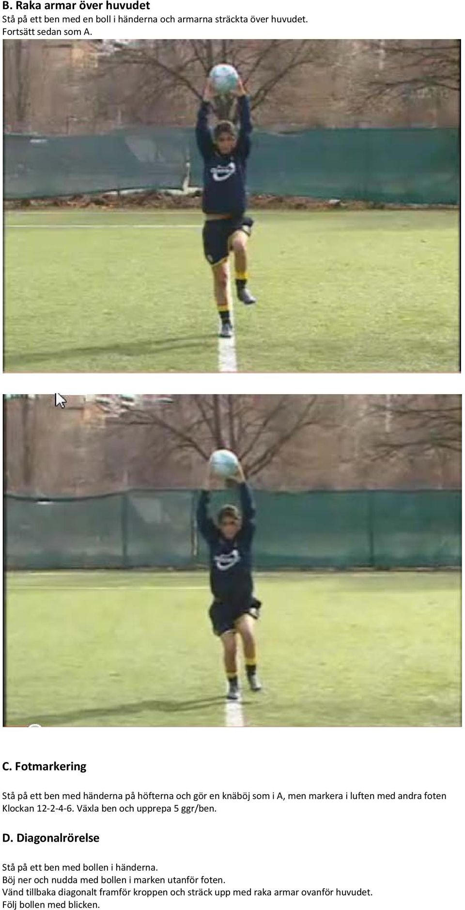 12-2-4-6. Växla ben och upprepa 5 ggr/ben. D. Diagonalrörelse Stå på ett ben med bollen i händerna.