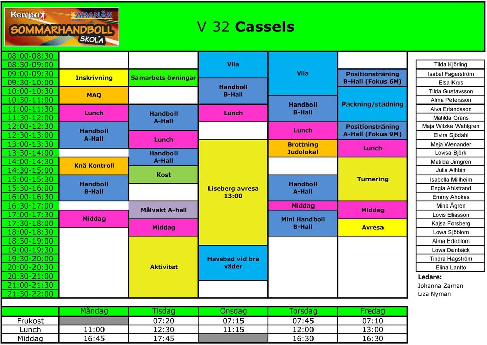 Judolokal Lovisa Björk 14:00-14:30 Matilda Jimgren 14:30-15:00 Julia Alhbin Isabella Millheim 15:30-16:00 Liseberg avresa Engla Ahlstrand Emmy Ahokas 16:30-17:00 Mina Ågren Målvakt A-hall 17:00-17:30