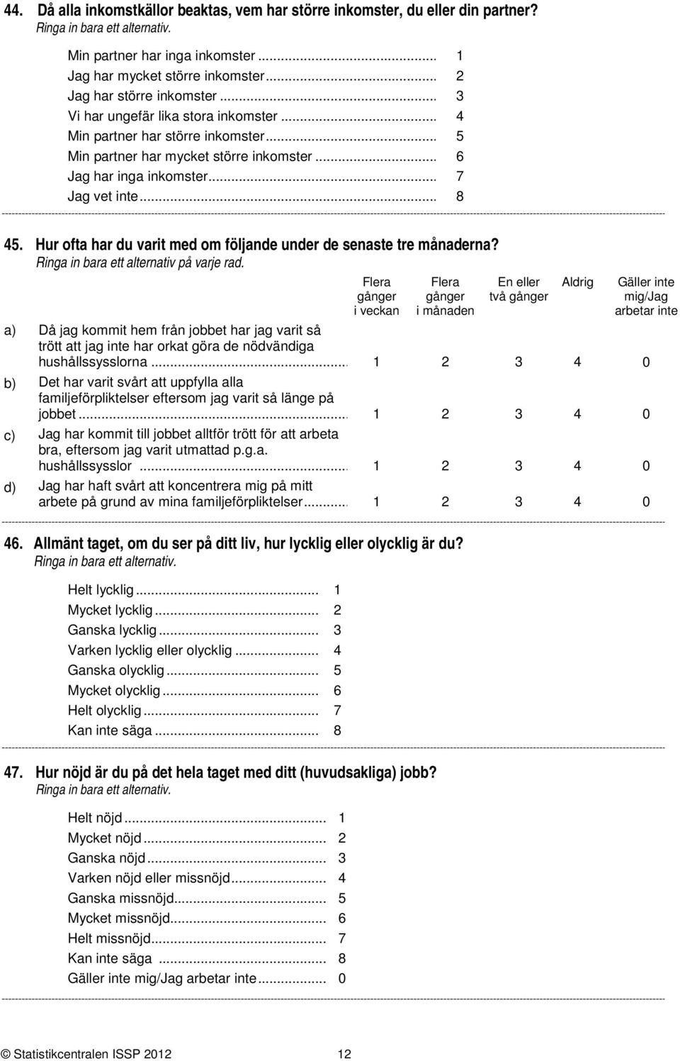 ... Hur ofta har du varit med om följande under de senaste tre månaderna? a) Då jag kommit hem från jobbet har jag varit så trött att jag inte har orkat göra de nödvändiga hushållssysslorna.