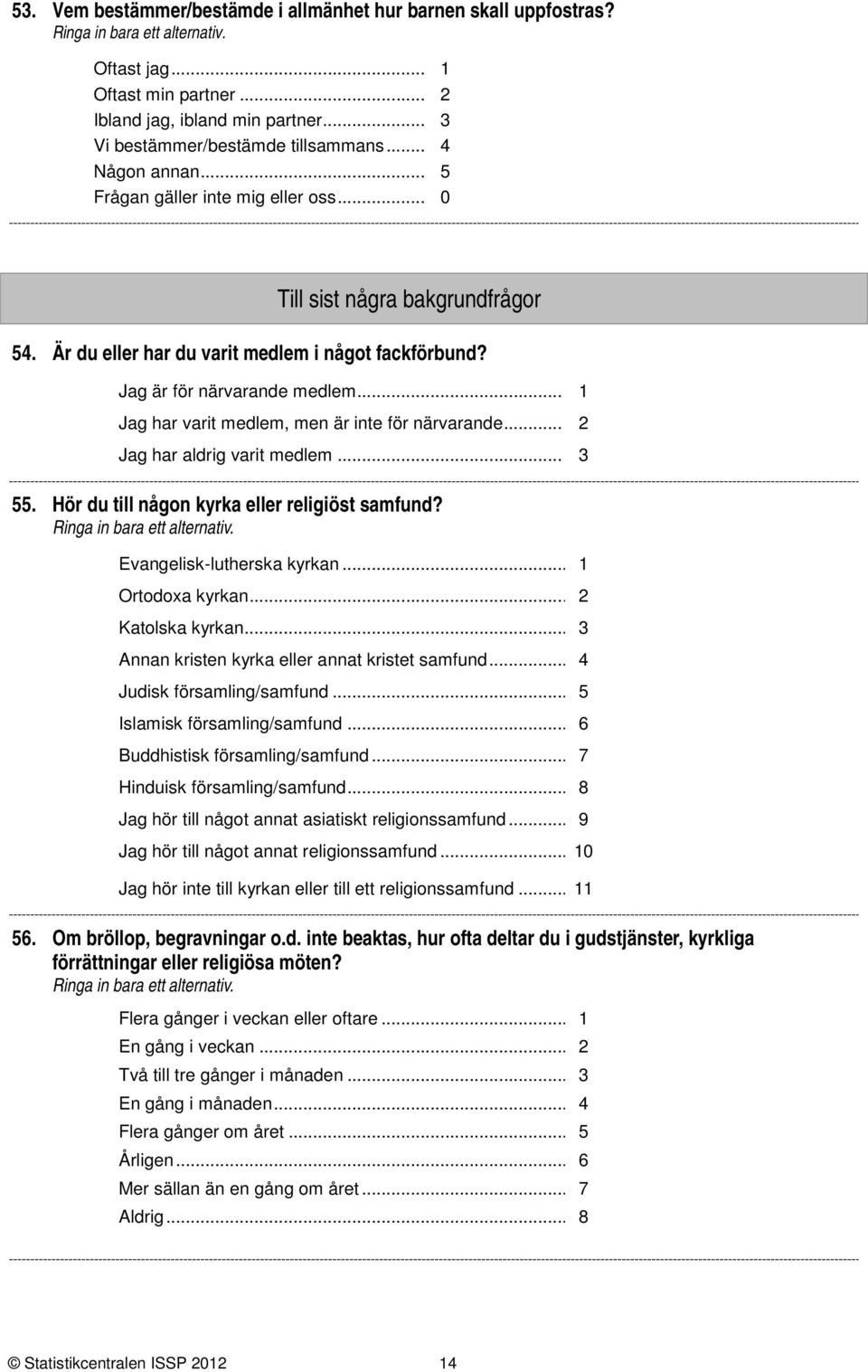 .. Jag har varit medlem, men är inte för närvarande... Jag har aldrig varit medlem.... Hör du till någon kyrka eller religiöst samfund? Evangelisk-lutherska kyrkan... Ortodoxa kyrkan... Katolska kyrkan.