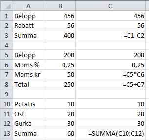 Formatering Celler kan formateras avseende typsnitt, typstorlek, fet/kursiv mm. Detta görs enklast med formateringsknapparna. Rader och kolumner kan ges olika höjd och bredd.