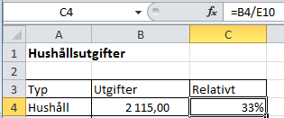 Vi skriver i cell B4: =SUMMA.OM(C13:C1000;A4;E13:E1000) för att räkna ut just Hushållsutgifter. Det första argumentet (C13:C1000) innebär att vi tittar i detta område efter ett visst värde.