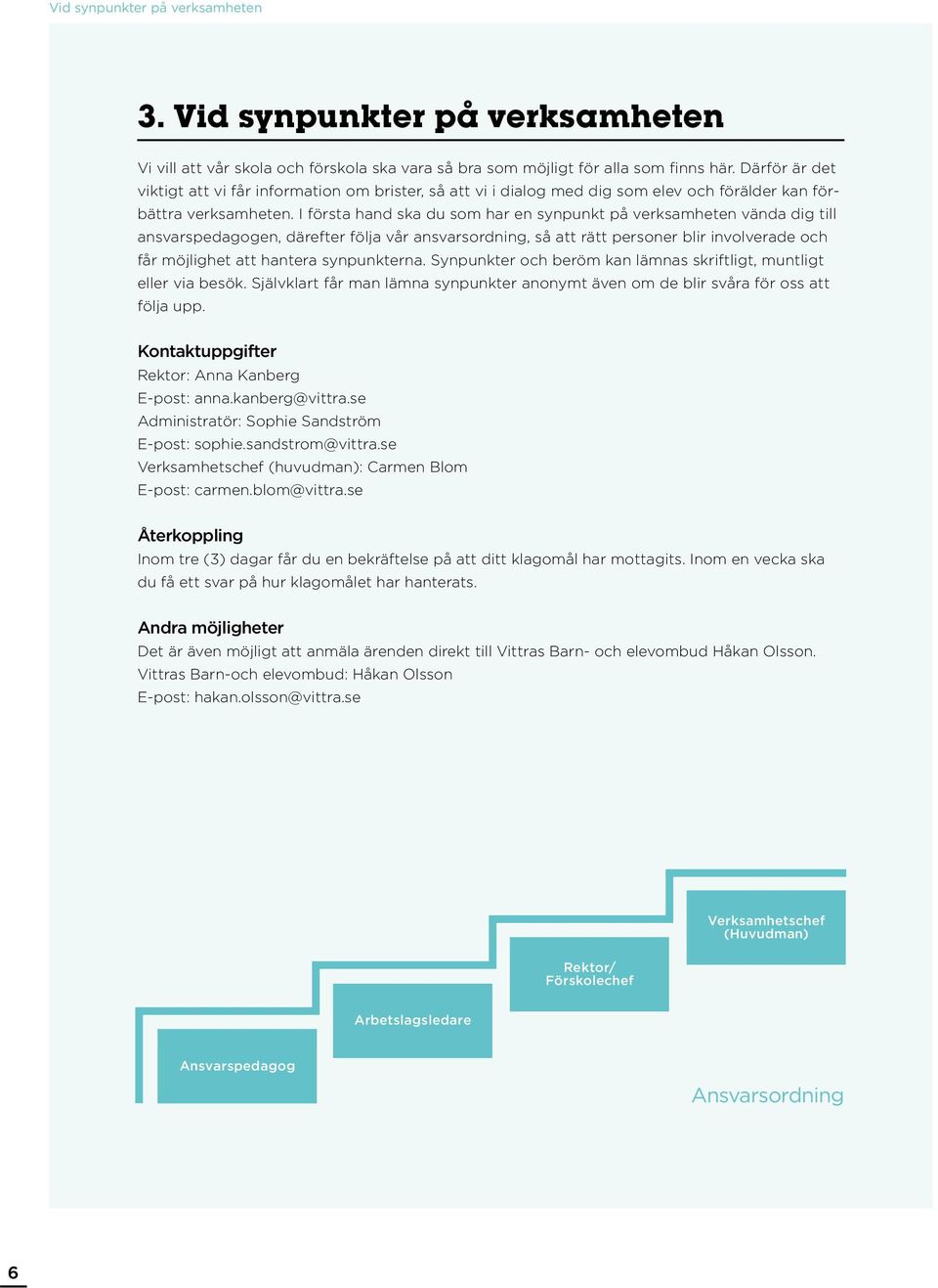 I första hand ska du som har en synpunkt på verksamheten vända dig till ansvarspedagogen, därefter följa vår ansvarsordning, så att rätt personer blir involverade och får möjlighet att hantera