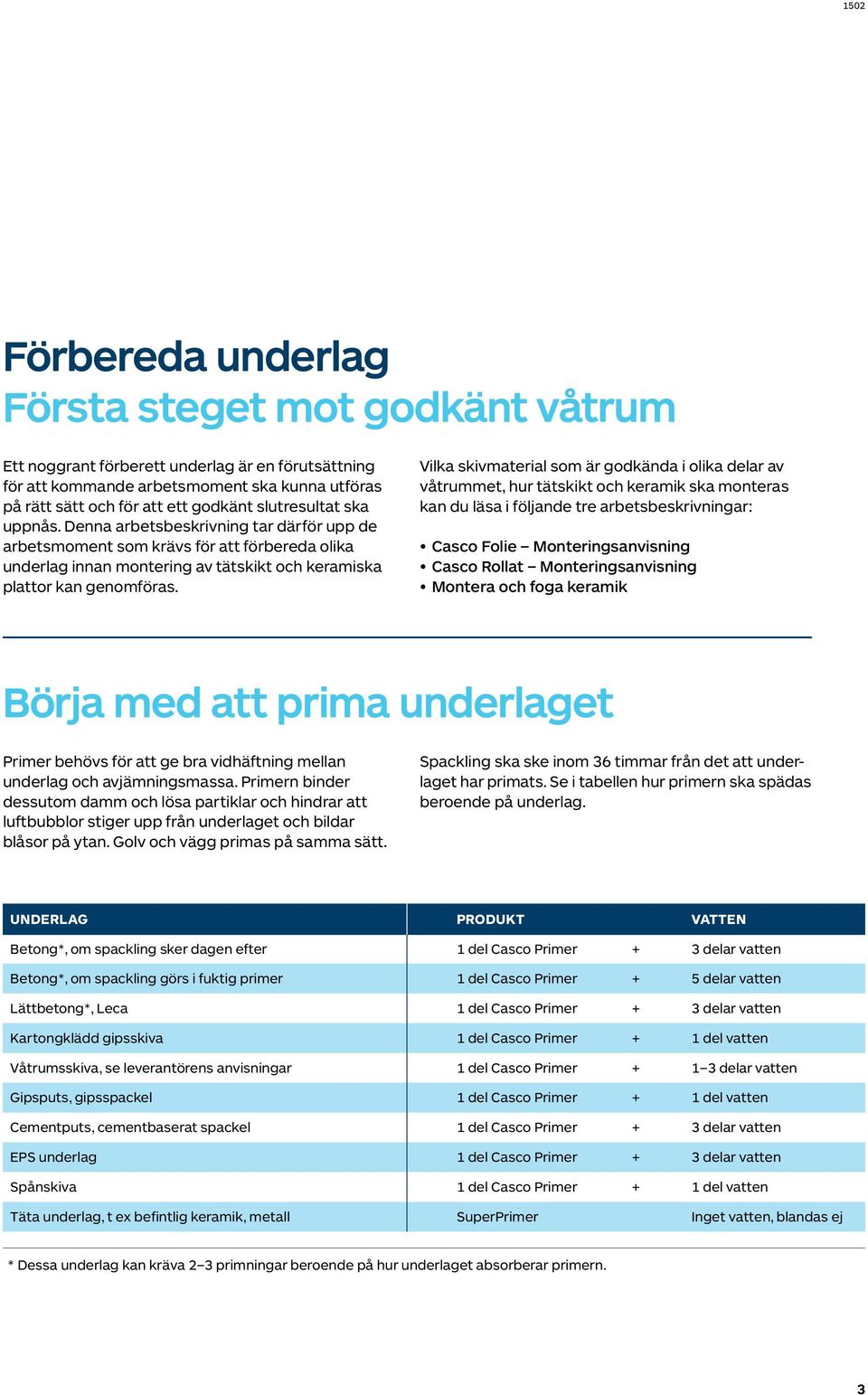 Vilka skivmaterial som är godkända i olika delar av våtrummet, hur tätskikt och keramik ska monteras kan du läsa i följande tre arbetsbeskrivningar: Casco Folie Monteringsanvisning Casco Rollat