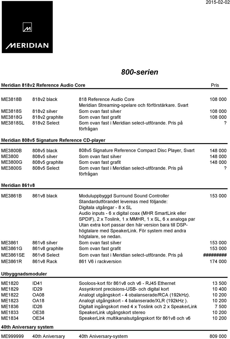 Meridian 808v5 Signature Reference CD-player ME3800B 808v5 black 808v5 Signature Reference Compact Disc Player, Svart 148 000 ME3800 808v5 silver Som ovan fast silver 148 000 ME3800G 808v5 graphite