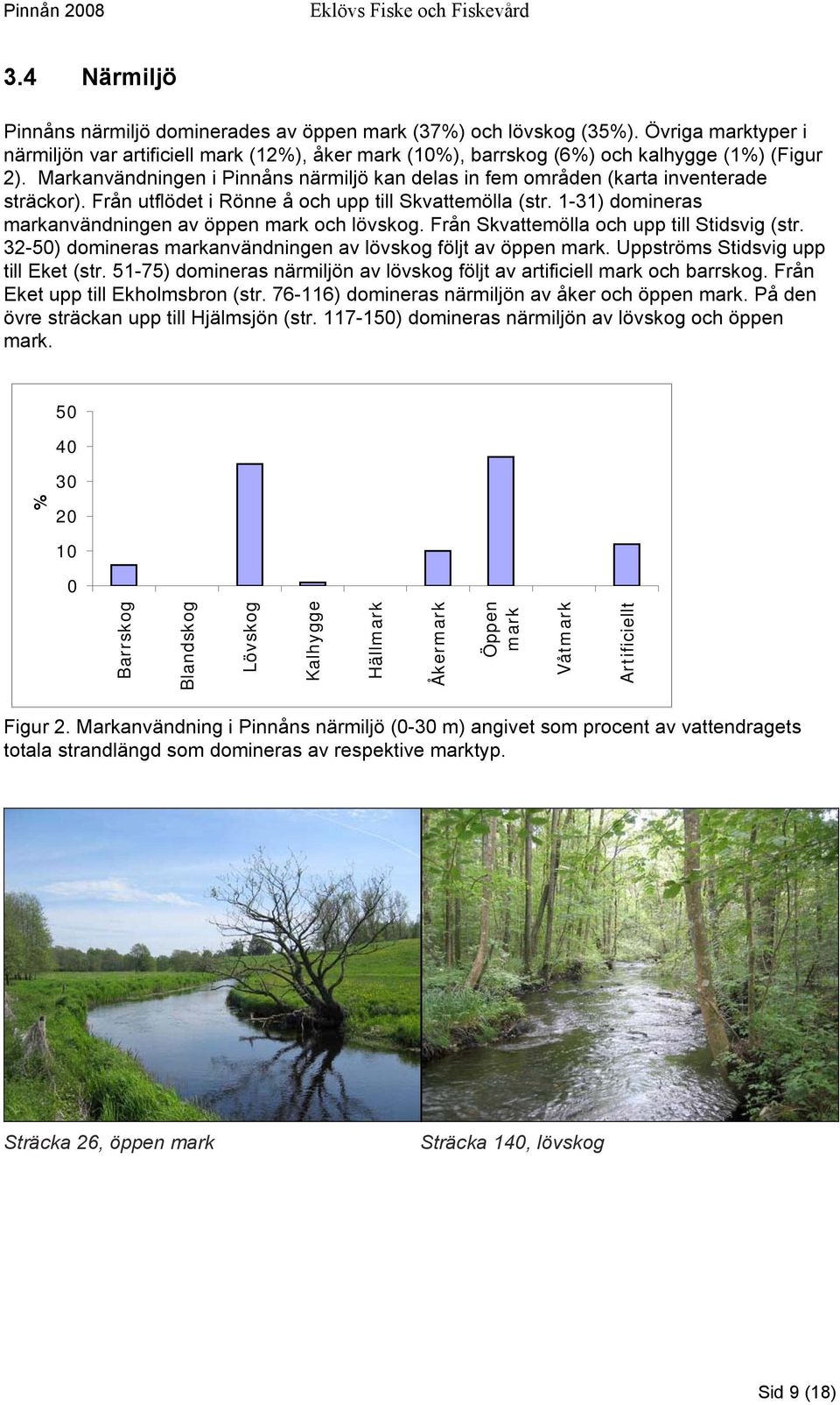 1-31) domineras markanvändningen av öppen mark och lövskog. Från Skvattemölla och upp till Stidsvig (str. 32-50) domineras markanvändningen av lövskog följt av öppen mark.