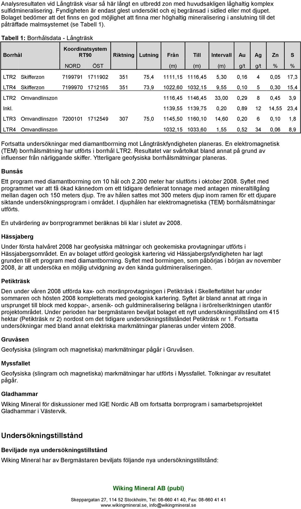 Bolaget bedömer att det finns en god möjlighet att finna mer höghaltig mineralisering i anslutning till det påträffade malmsystemet (se Tabell 1).