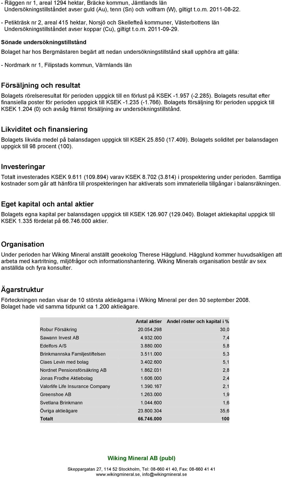 Sönade undersökningstillstånd Bolaget har hos Bergmästaren begärt att nedan undersökningstillstånd skall upphöra att gälla: - Nordmark nr 1, Filipstads kommun, Värmlands län Försäljning och resultat