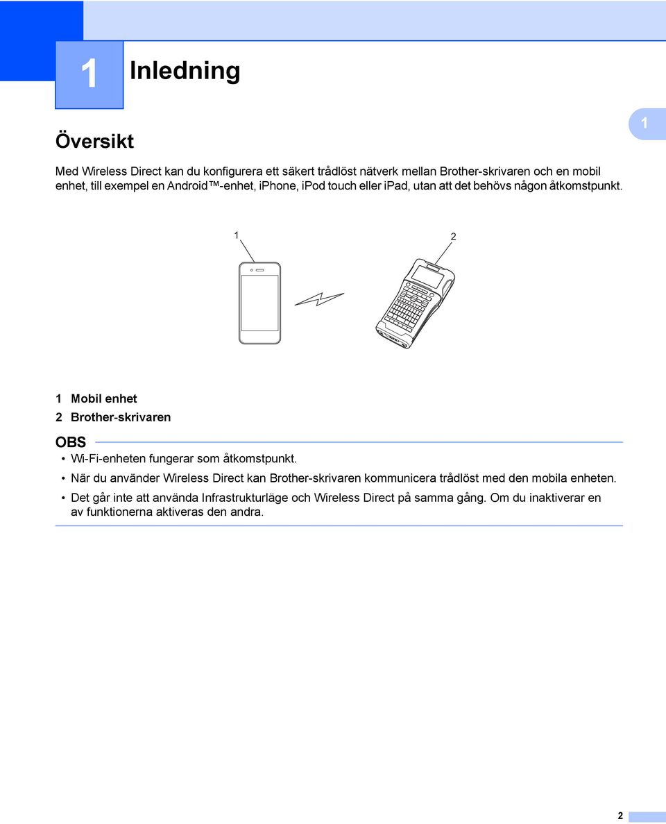 1 2 1 Mobil enhet 2 Brother-skrivaren OBS Wi-Fi-enheten fungerar som åtkomstpunkt.